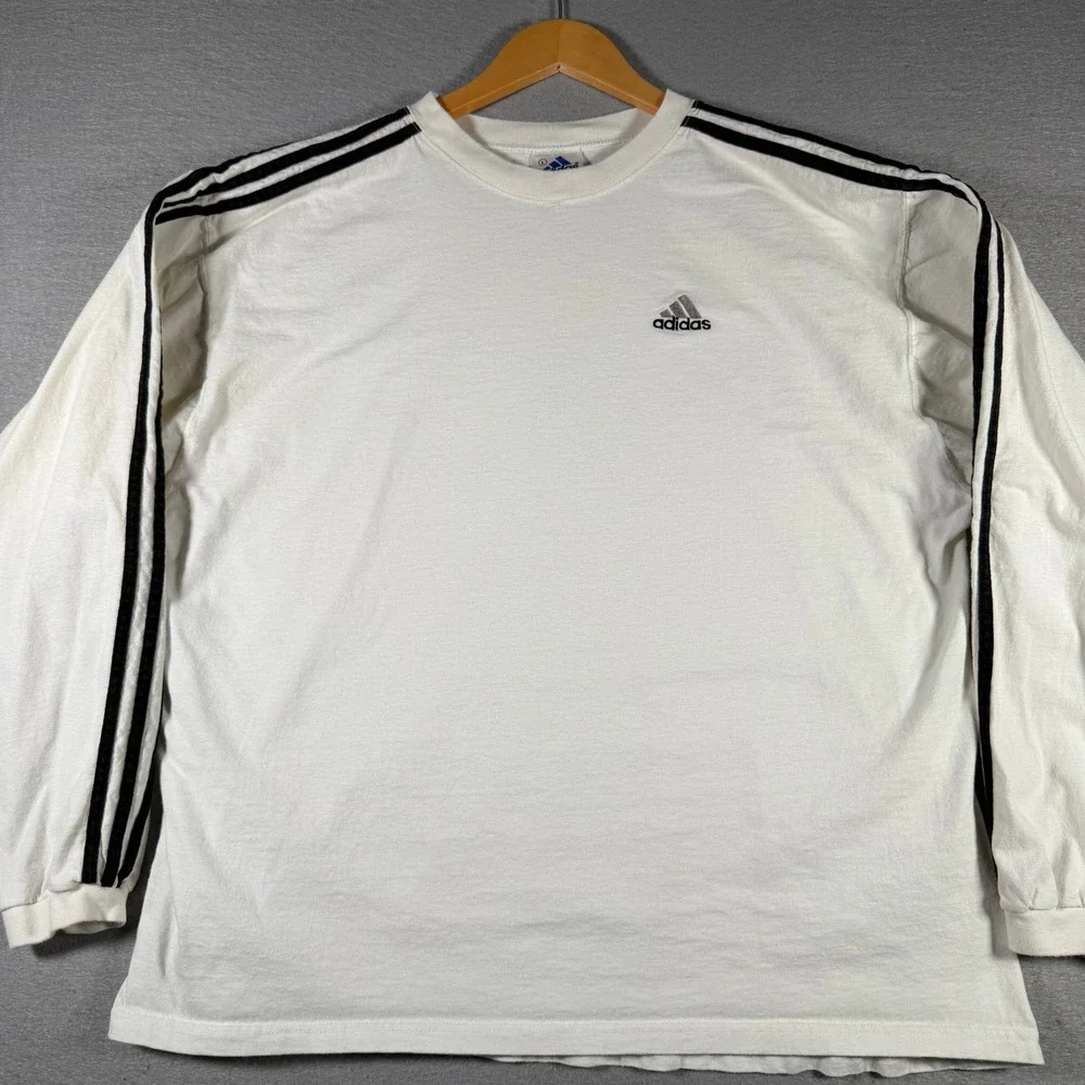 Adidas Vintage 90s Long Sleeve T-Shirt White Black 3 Stripe Made in USA Mens L‎